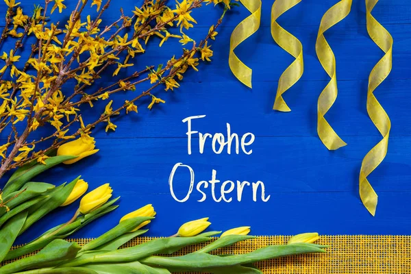 Spring Flowers Decoration, Branch, Ribbon, Frohe Ostern Means Happy Easter — Zdjęcie stockowe