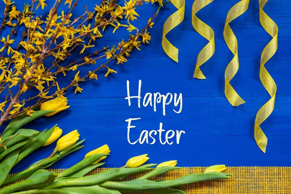 Spring Flowers Decoration, Branch, Ribbon, Text Happy Easter — 图库照片