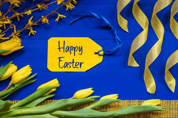Spring Flowers Decoration, Branch, Ribbon, Label With Text Happy Easter — Stok fotoğraf