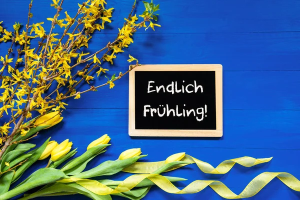 Spring Flowers, Branch, Blackboard, Endlich Fruehling Means Hello Spring — Stockfoto