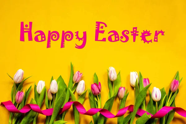 Colorful Tulip, Spring Flowers, Text Happy Easter, Ribbon, Yellow Background — 图库照片