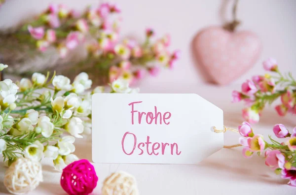 Rose Spring Flowers Decorar, Etiqueta, Coração, Frohe Ostern significa Feliz Páscoa — Fotografia de Stock