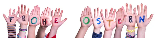 Children Hands Building Frohe Ostern Means Happy Easter, Isolated Background — Stockfoto