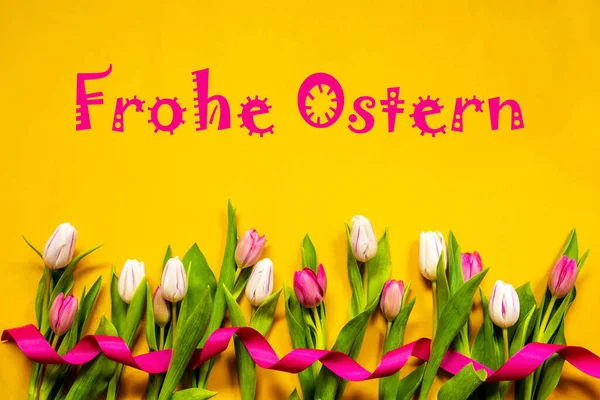 Colorful Tulip, Frohe Ostern Means Happy Easter, Ribbon, Yellow Background — 图库照片