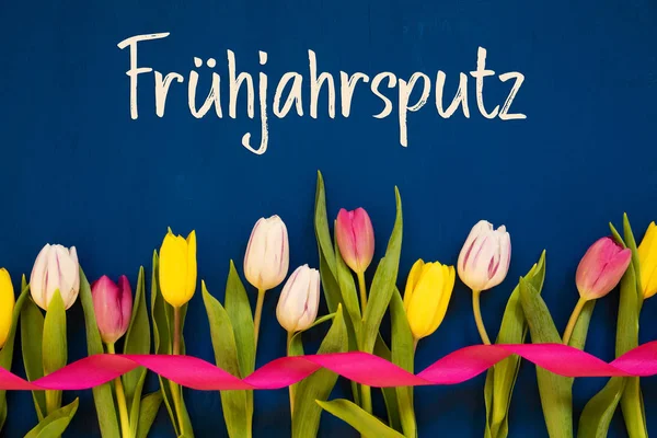 Colorful Tulip, Fruehjahrsputz Means Spring Cleaning, Ribbon, Blue Background — Stock fotografie