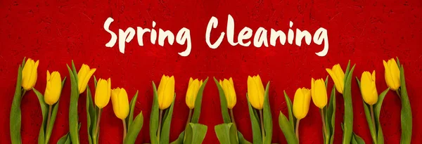 Baner Of Yellow Tulip Flowers, Red Background, Text Spring Cleaning — ストック写真