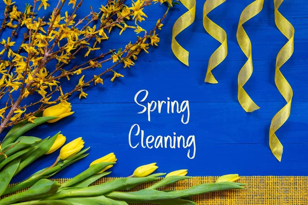 Spring Flowers Decoration, Branch, Ribbon, Text Spring Cleaning — Stockfoto