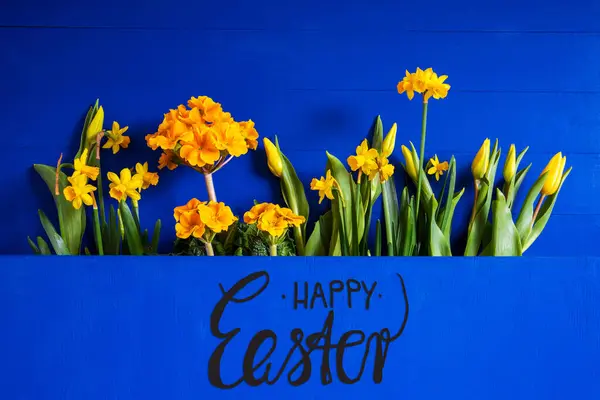 Spring Flowers, Tulip, Narcissus, Calligraphy Happy Easter — Stockfoto