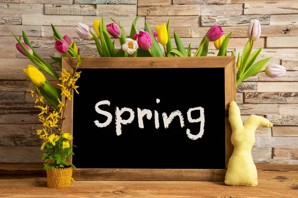 Tulip Flowers, Bunny, Brick Wall, Blackboard, Text Spring — Stock Photo, Image