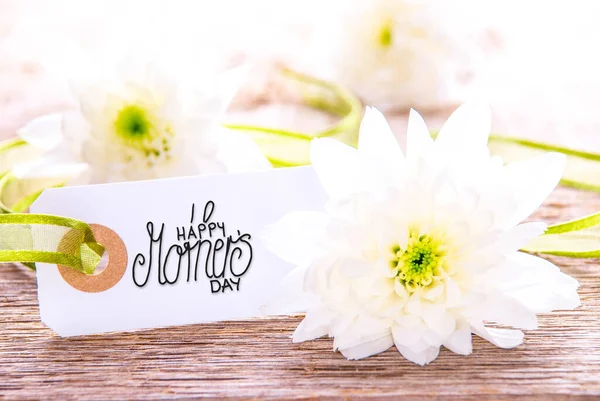 Label With Calligraphy Happy Mothers Day. White Flower Blossoms — Stockfoto