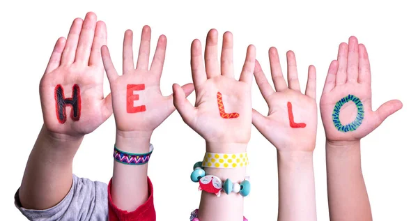 Children Hands Building Word Hello, Isolated Background — Zdjęcie stockowe