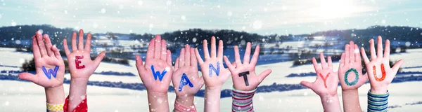 Children Hands Building Word We Want You, Snowy Winter Background — Φωτογραφία Αρχείου