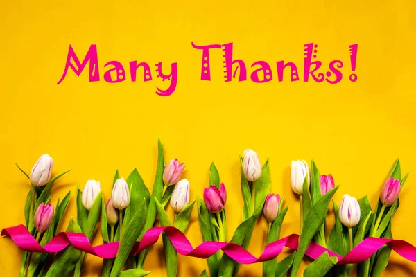Barevný tulipán, Jarní květiny, Text Mnohokrát děkuji, stuha, žluté pozadí — Stock fotografie