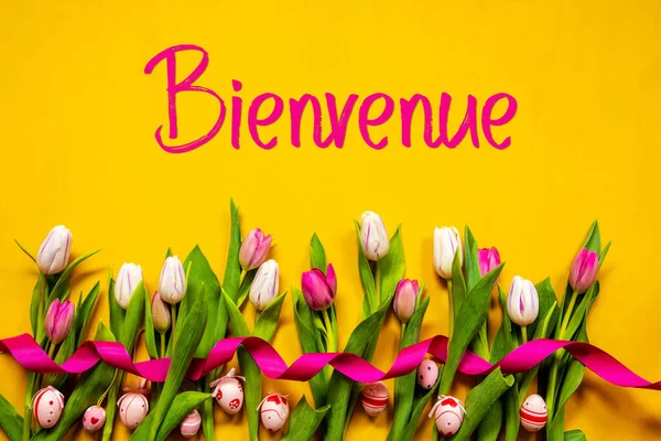 Tulipa colorida, Bienvenue significa Bem-vindo, Ovo de Páscoa, Fundo amarelo — Fotografia de Stock