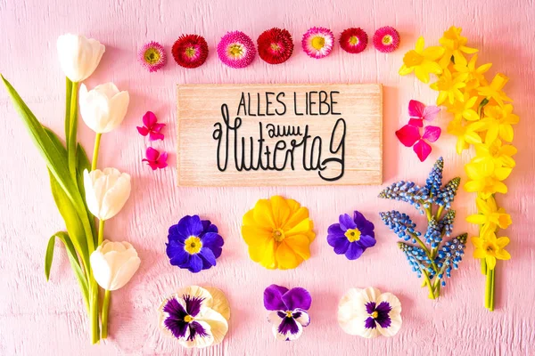 Spring Flat Lay, Blommor, Tecken, Kalligrafi Muttertag innebär glad mors dag — Stockfoto