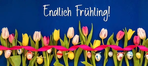 Banner con tulipano colorato, Endlich Fruehling significa finalmente primavera, uovo di Pasqua — Foto Stock