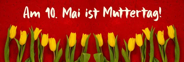 Baner Of Yellow Tulip Flowers, Red Background, Text Muttertag Means Mothers Day — Stock Photo, Image