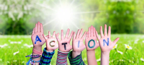 Children Hands Building Word Action, Grass Meadow — Stockfoto