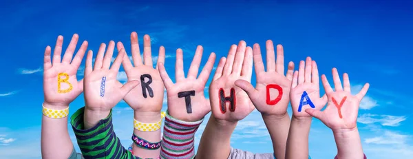 Children Hands Building Word Birthday, Blue Sky — Stock Photo, Image