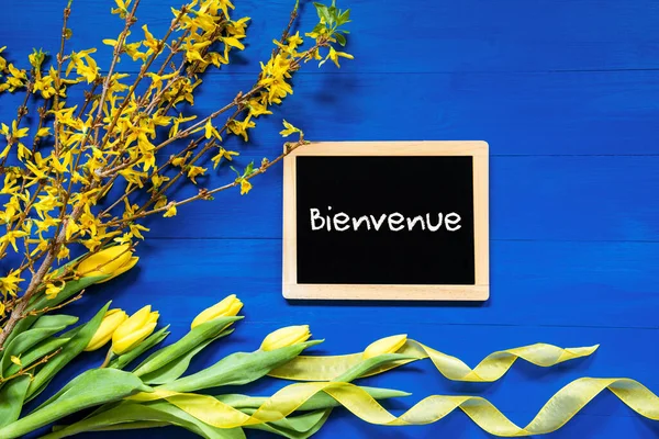 Spring Flowers Decoration, Branch, Blackboard, Bienvenue Means Welcome — Stock Photo, Image