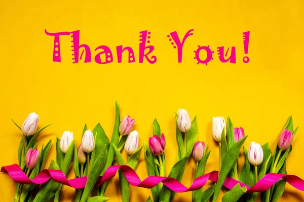 Colorful Tulip, Spring Flowers, Text Thank You, Ribbon, Yellow Background — Φωτογραφία Αρχείου