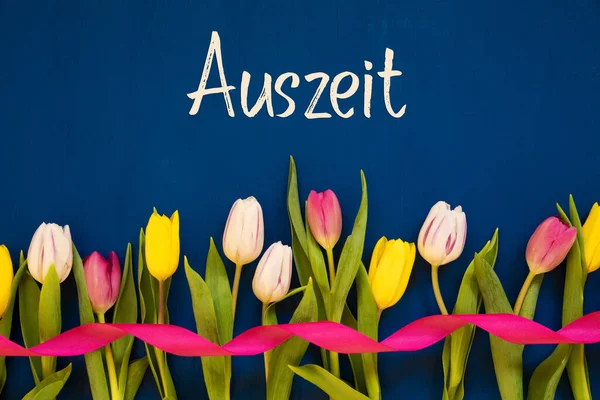 Colorful Tulip, Auszeit Means Downtime, Ribbon, Blue Background — Stock Photo, Image