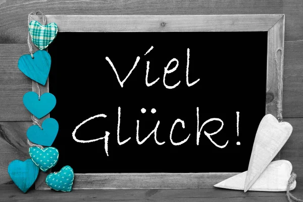 Balckboard With Turqouise Heart Decoration, Text Viel Glueck Means Good Luck — Stock Photo, Image