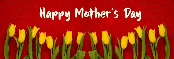 Baner Of Yellow Tulip Flowers, Red Background, Text Happy Mother Day — стоковое фото