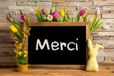 Lale Çiçekleri, Tavşan, Tuğla Duvar, Tahta, Metin Merci Teşekkür Ediyor