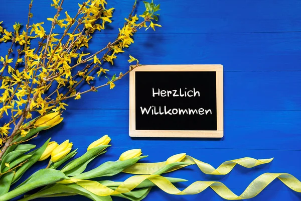 Vårblommor dekoration, gren, svarta tavlan, Herzlich Willkommen Medel Välkommen — Stockfoto