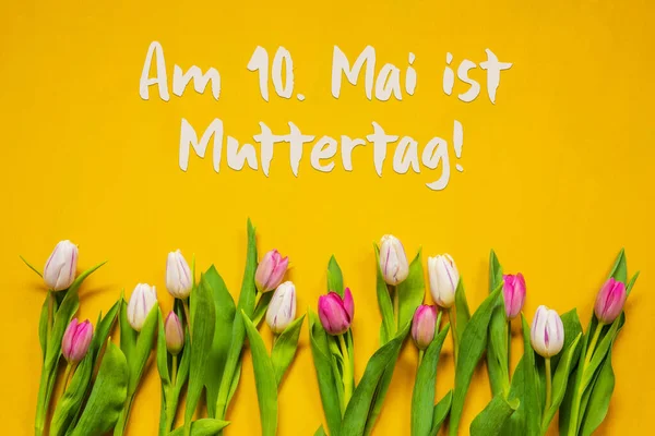 Colorful Tulip, Text Muttertag Means Mothers Day, Yellow Background — Stock Photo, Image