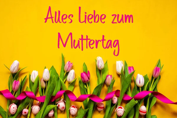 Tulipano colorato, Alles Liebe Zum Muttertag significa felice festa della mamma, uovo di Pasqua — Foto Stock