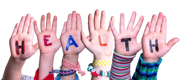 Enfants mains Bâtir la santé des mots, fond isolé — Photo