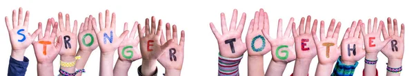 Παιδιά Χέρια οικοδόμηση Word Ισχυρότερο μαζί, απομονωμένο φόντο — Φωτογραφία Αρχείου