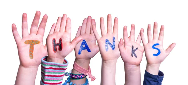 Gyerekek Hands épület Word Köszönöm, elszigetelt háttér — Stock Fotó