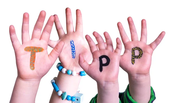 Kinderen Handen Bouwen Woord Tipp betekent Tip, geïsoleerde achtergrond — Stockfoto