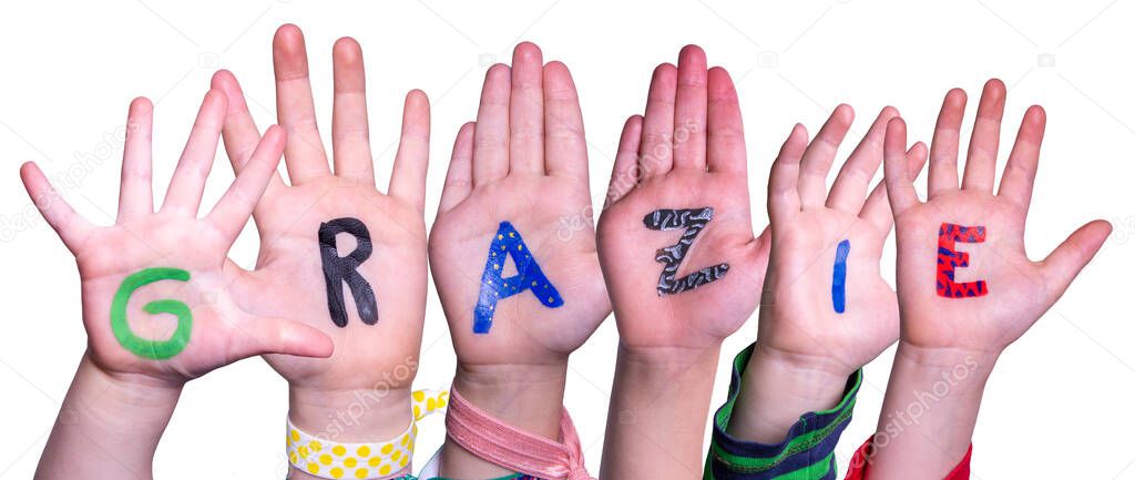 Children Hands Building Word Grazie Means Thank You, Isolated Background