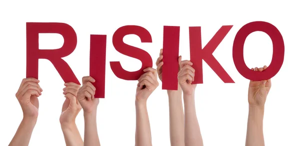Persone mani che tengono parola Risiko significa rischio, sfondo isolato — Foto Stock