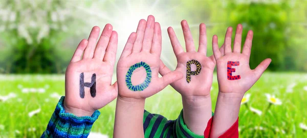Mani dei bambini che costruiscono parola speranza, prato d'erba — Foto Stock