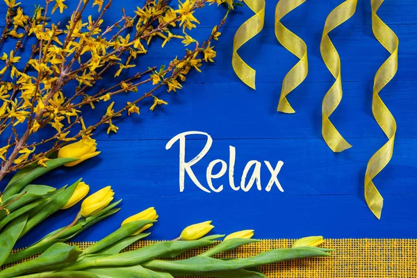 Spring Flowers Decoration, Branch, Ribbon, Text Relax — Stock Photo, Image