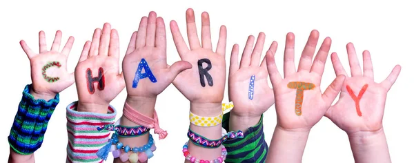 Kinderhände Word Charity, isolierter Hintergrund — Stockfoto
