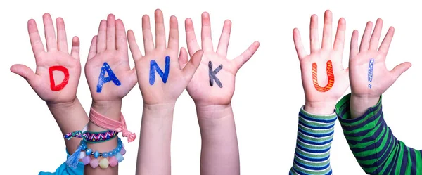 Дети руки Строительство Слово Dank U означает спасибо, изолированный фон — стоковое фото