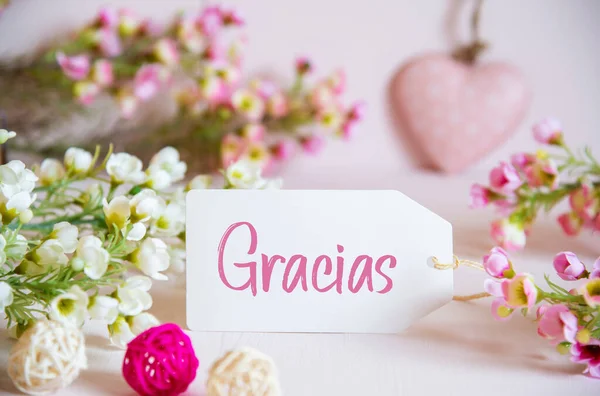 Flores de Primavera Rosa Decorar, Etiquetas, Corazón, Gracias Significa Gracias — Foto de Stock
