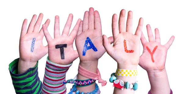 Children Hands Building Word Italië, geïsoleerde achtergrond — Stockfoto