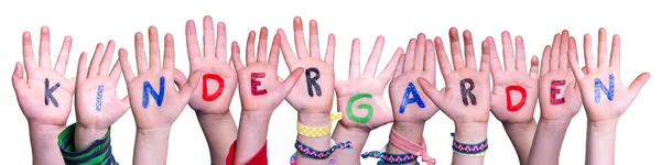 Children Hands Building Word Kindergarden, Isolated Background — Stock Photo, Image