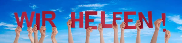 People Hands Holding Word Wir Helfen Means We Help, Blue Sky — Stock Photo, Image