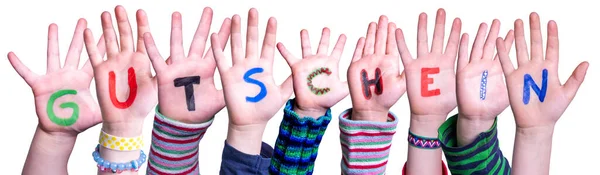 Dětské ruce Stavební slovo Gutschein prostředky poukaz, izolované pozadí — Stock fotografie