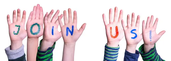 Kinder Hände Word Building Join Us, isolierter Hintergrund — Stockfoto