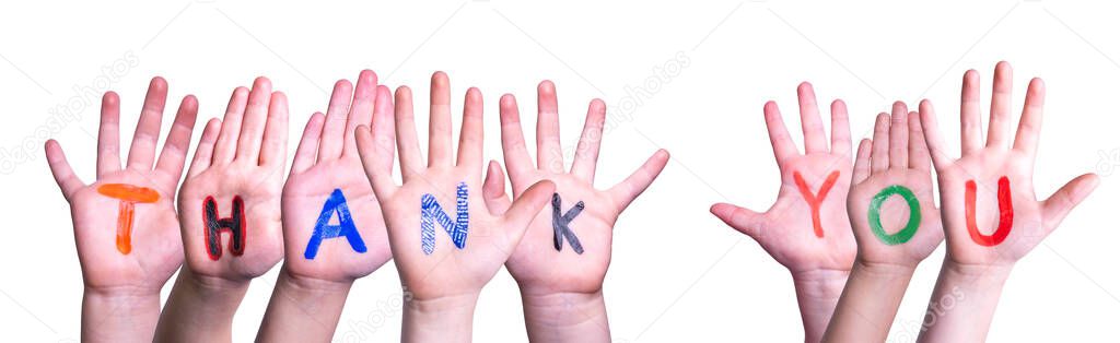 Many Children Hands Building Word Thank You, Isolated Background