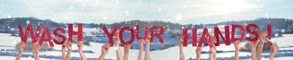People Hands Holding Word Wash Your Hands, Snowy Winter Background
